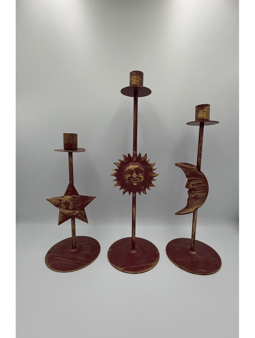 Vintage 1990s Celestial Sun Moon Star Metal Taper Candle Holders Set of 3